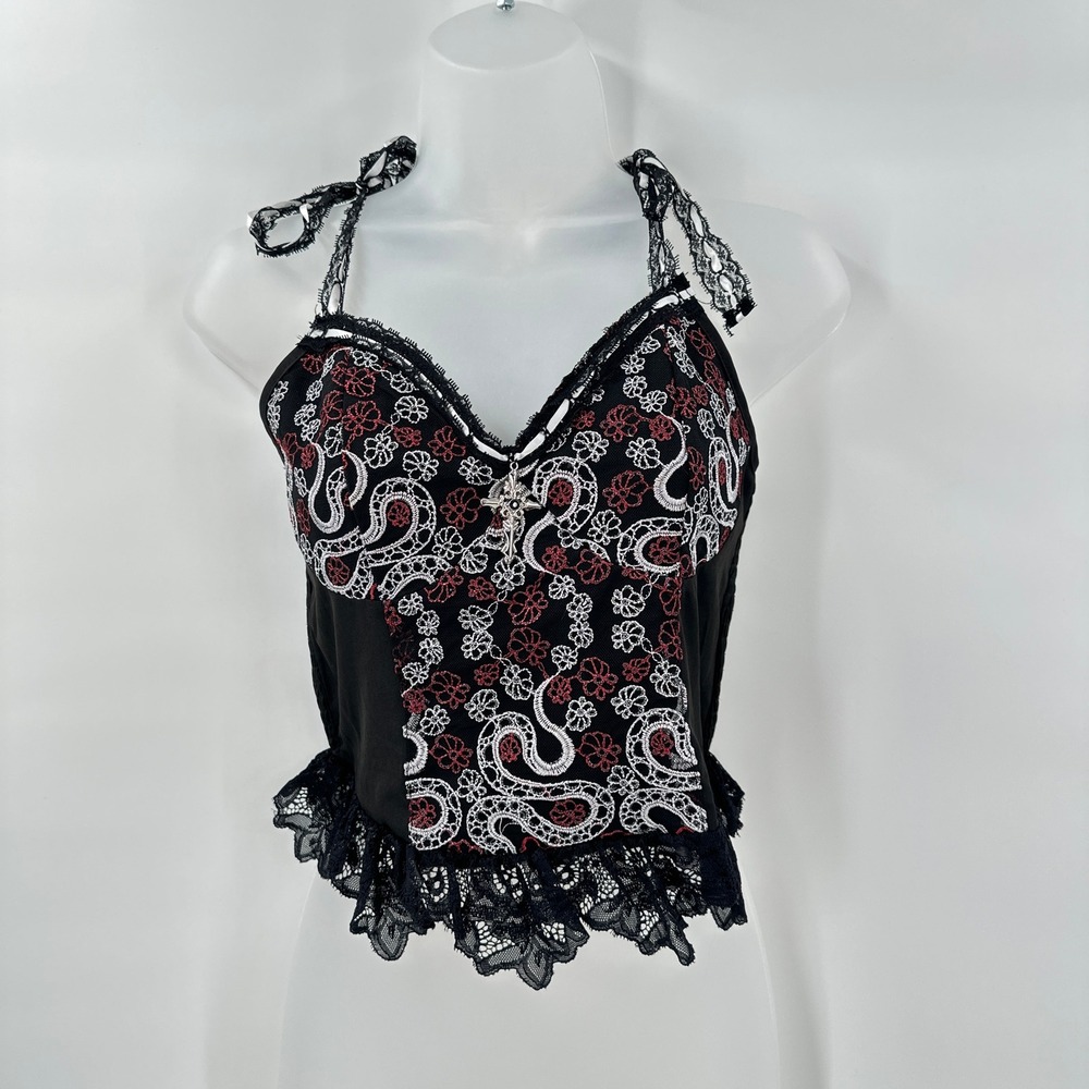 Whimsigoth Lace‎ Corset Cami Top Black Red White Floral Cross Pendant Y2K Gothic